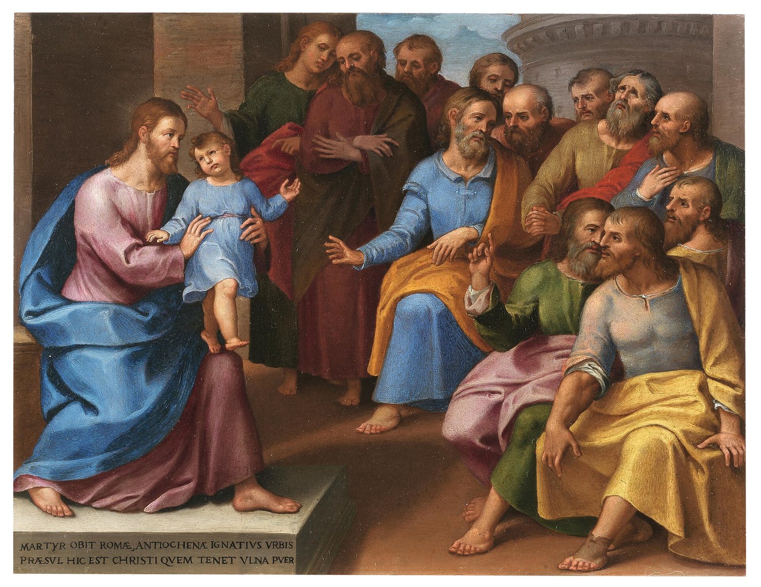 A small painting on copper: Christ, seated on the left in red and blue, holds up a little boy in a pale blue tunic before a crowd of bearded apostles in bright robes, who lean in and gesture in surprise; a Latin inscription runs along the step below