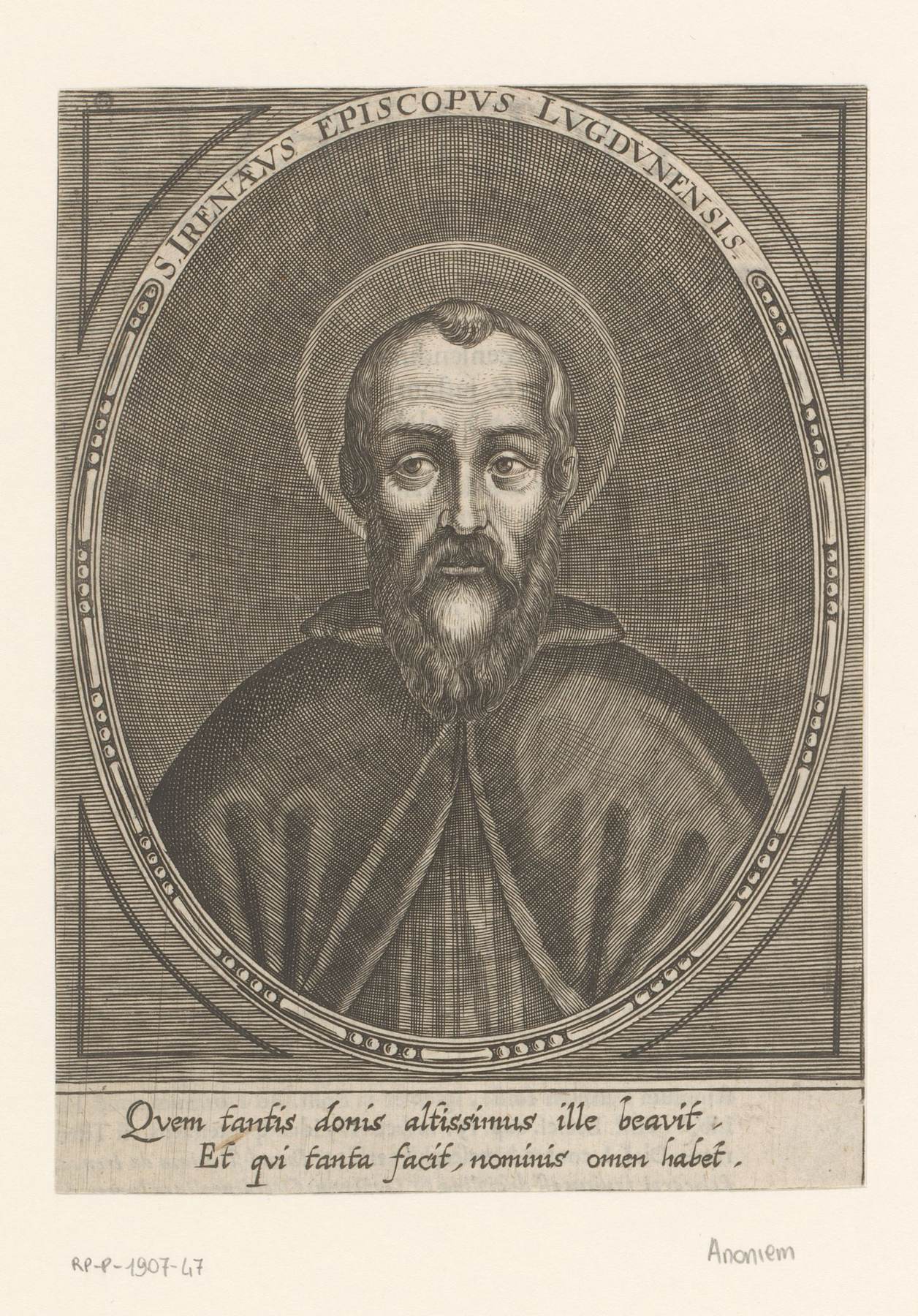 A 17th-century engraving: the head and shoulders of Saint Irenaeus, bearded, with a halo, looking straight out from an oval frame lettered S. IRENAEVS EPISCOPVS LVGDVNENSIS, above two lines of Latin verse