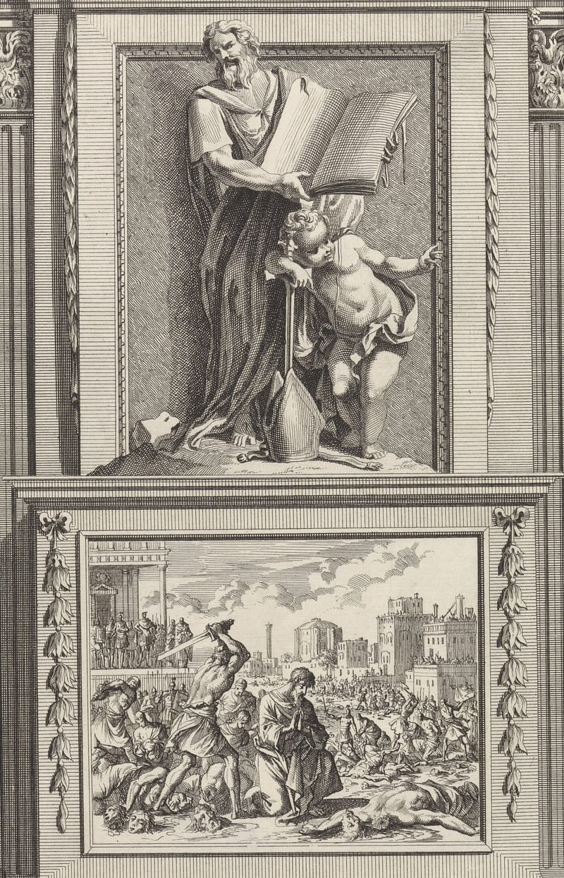 An engraving: Irenaeus stands like a statue in a niche, holding a great open book, a child angel leaning on his bishop's mitre beside him. Below, a crowded scene of Christians being put to the sword in a city, a bearded man kneeling in prayer at its centre.