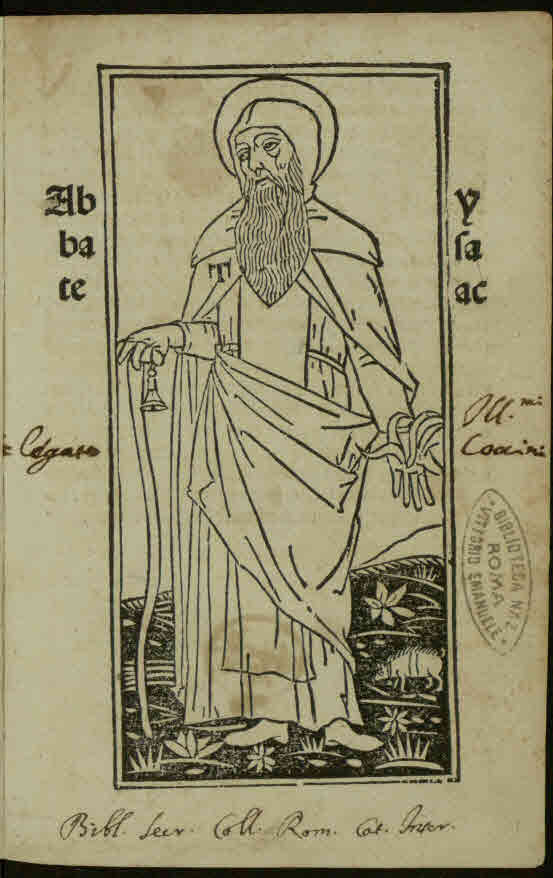 A black-and-white woodcut from a 1500 Venice book, labelled Abbate Ysaac, of a hooded, bearded abbot with a halo, leaning on a staff hung with a small bell, with a pig among the flowers at his feet