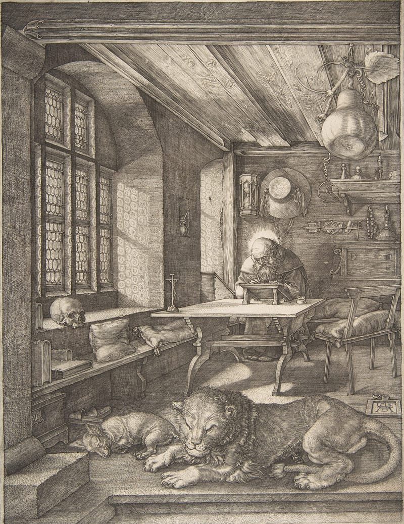 An engraving: Jerome, haloed and bearded, writes at a sloping desk at the back of a sunlit study. A lion and a small dog sleep in the foreground. A skull lies on the window seat, a cardinal's hat hangs on the wall and a great gourd hangs from the ceiling.