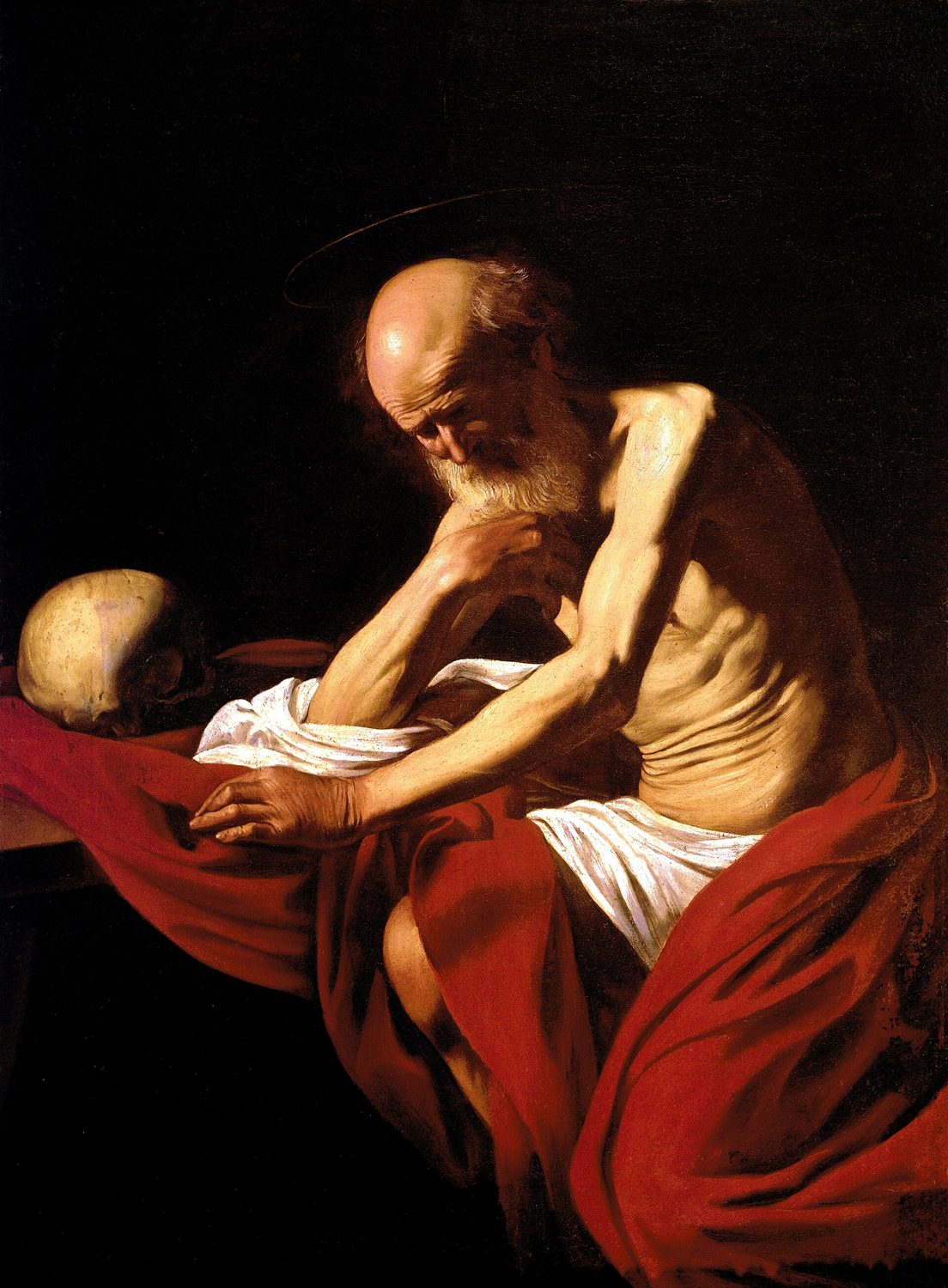 Caravaggio's painting: Jerome, old, bald and thin, bare to the waist and wrapped in a red cloak, sits in the dark with his hands folded and his head bowed in thought; a skull rests on the table beside him