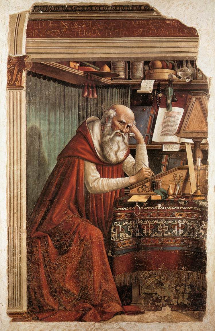 A fresco: Jerome, white-bearded, in a red cardinal's robe, sits at a desk crowded with books, pens, papers and an inkwell, resting his head on his hand