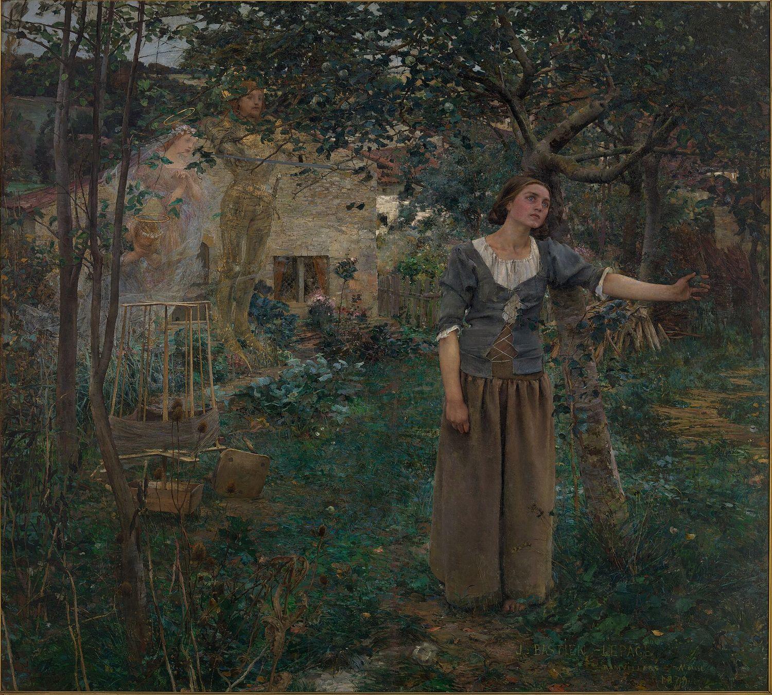 A painting: a young peasant woman in a grey bodice and long brown skirt stands in an overgrown village garden, one arm reaching out to a tree, staring ahead as if listening; three pale, ghostly figures, one in armour, hover among the trees behind her