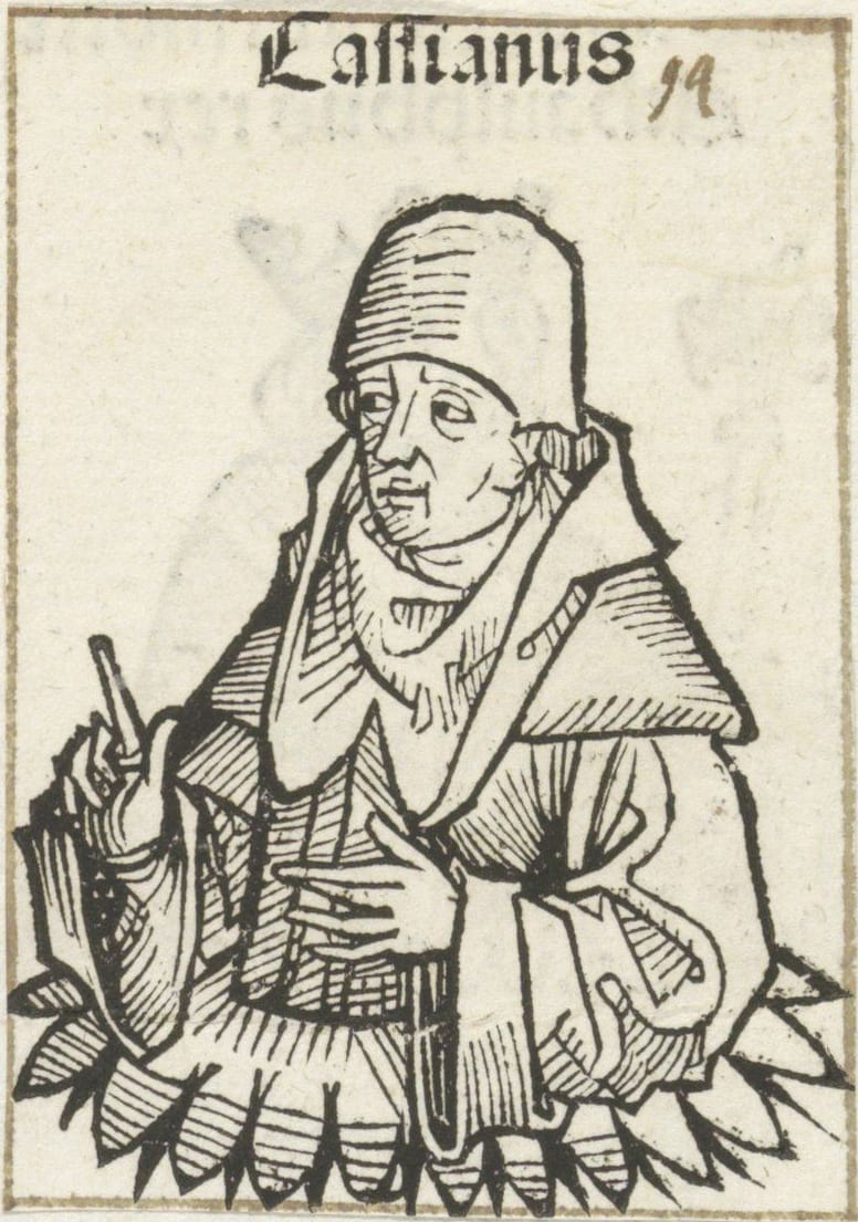 A woodcut of a man in a tall round cap and a monk's hooded habit, turned to the left, holding up a pen in his right hand, his half-length figure rising from a cup of leaves, the name Cassianus printed above him