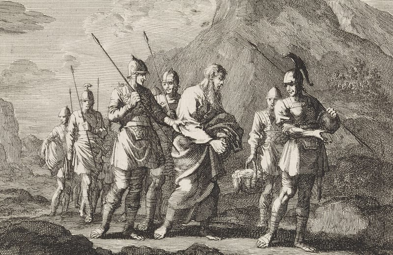 An etching: soldiers with spears and helmets lead John, an old bearded man, barefoot and wrapped in a cloak, along a mountain road. One soldier carries a basket.