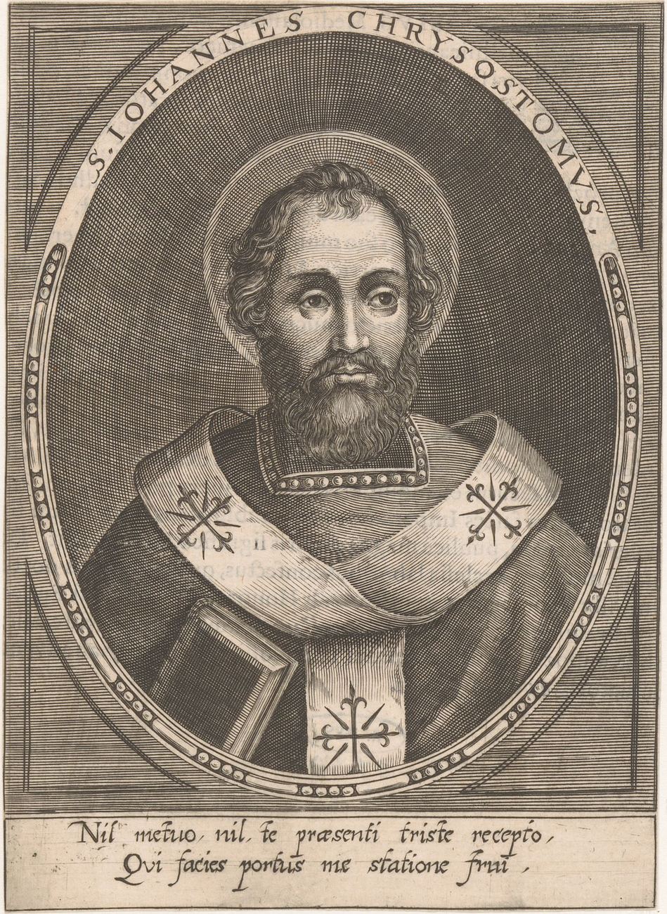 An engraving in an oval frame: John Chrysostom, bearded and haloed, in a bishop's stole marked with crosses, holding a closed book. His Latin name runs round the top of the oval, and two lines of Latin verse are printed below.