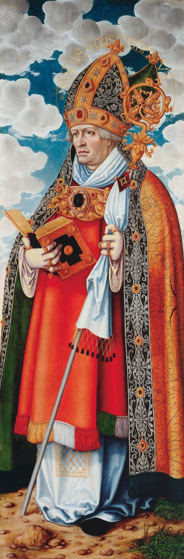 Saint John Chrysostom as a Western bishop in a jewelled gold mitre and red robes, holding a book and a crozier against a sky of white clouds, his name written in his halo