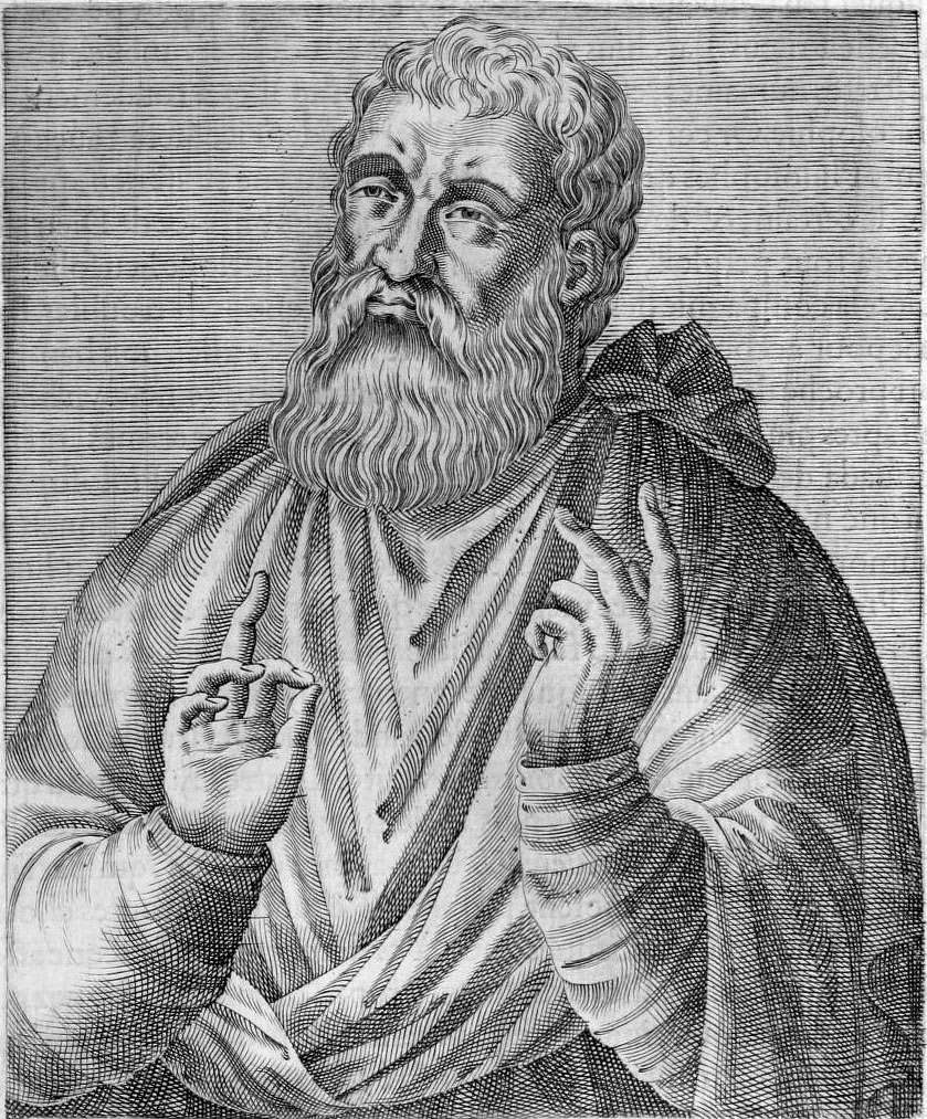 An engraved half-length portrait of Justin as an old man with a long curly beard and a heavy cloak, both hands raised as if speaking