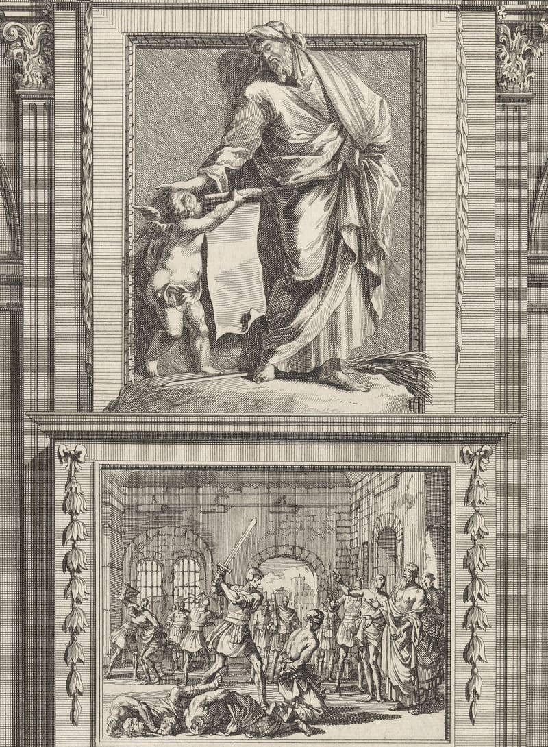 An engraving: Justin stands like a statue in a niche as a child angel hands him a long scroll, a martyr's palm at his feet. Below, a vaulted hall: a soldier raises his sword over a kneeling prisoner, bodies lie on the floor, and a bearded man in a cloak waits among the others.