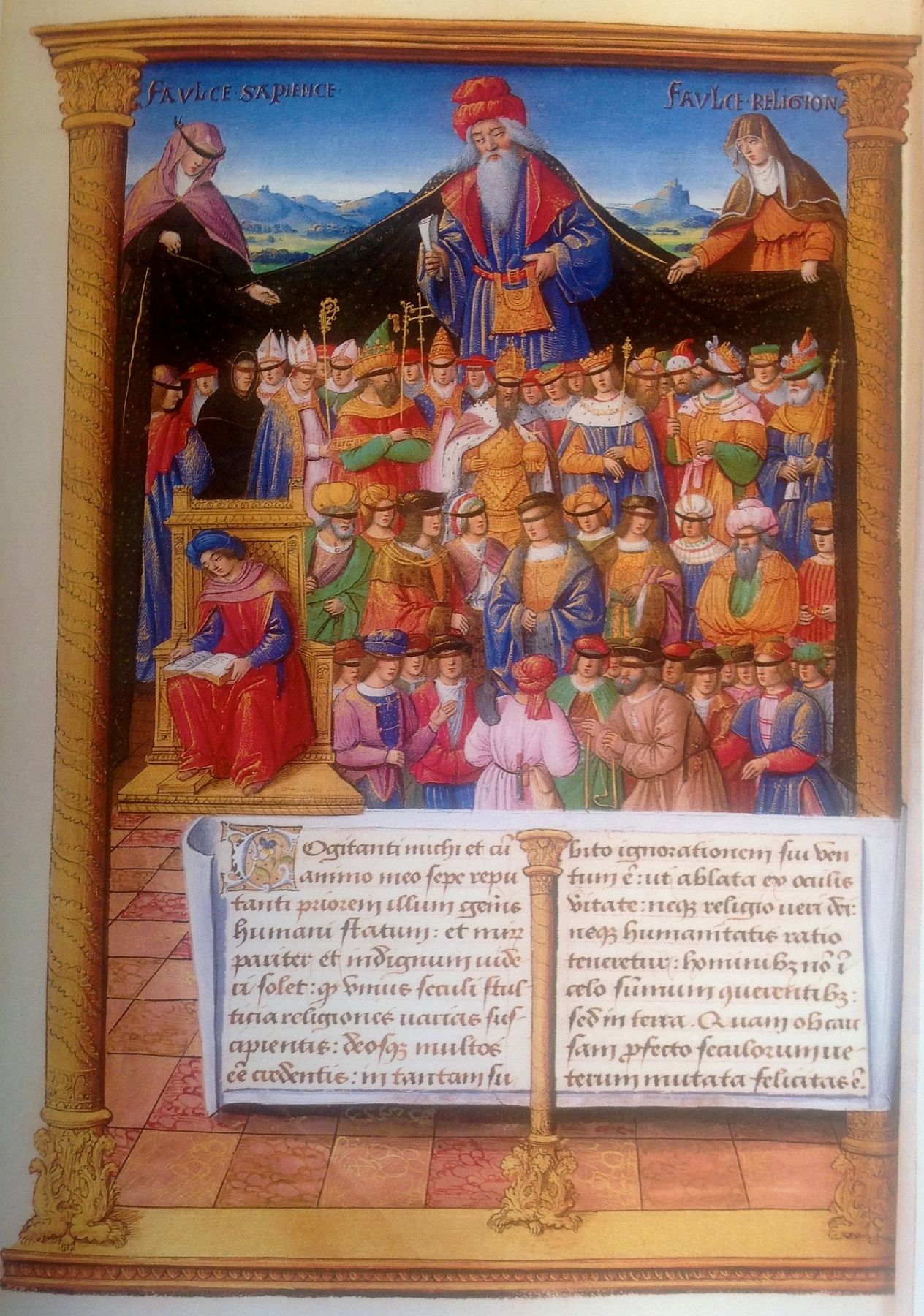 A painted manuscript page between gold columns: two cloaked women labelled False Wisdom and False Religion and a turbaned old man spread a dark mantle over a blindfolded crowd of kings, bishops and townspeople, while a man in red reads in a carved chair on the left; below, a scroll holds the Latin opening of Book 4