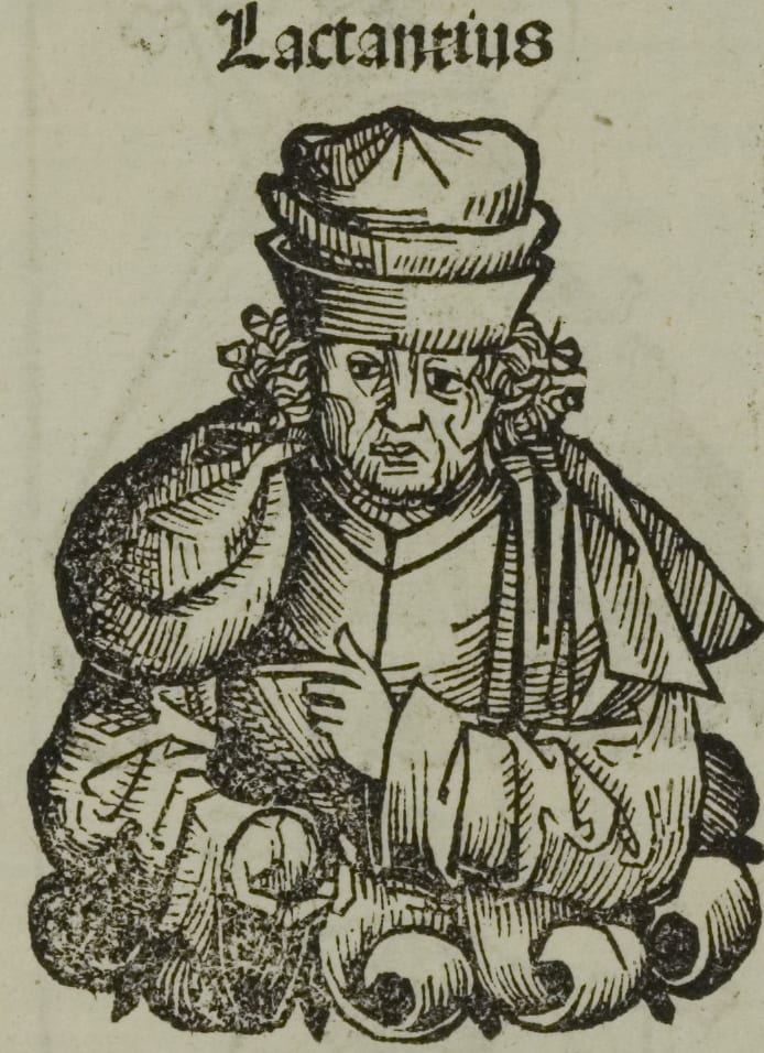 A woodcut: an elderly man in a round, flat-topped cap and a heavy cloak thrown over one shoulder, shown to the waist above curling scrollwork, one hand at his chest, with the printed name Lactantius above him