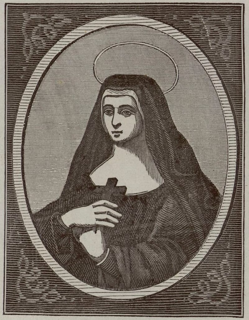 An engraving in an oval frame: a young nun with a halo, in a dark veil and habit, holds a cross to her breast with both hands and looks gently out.
