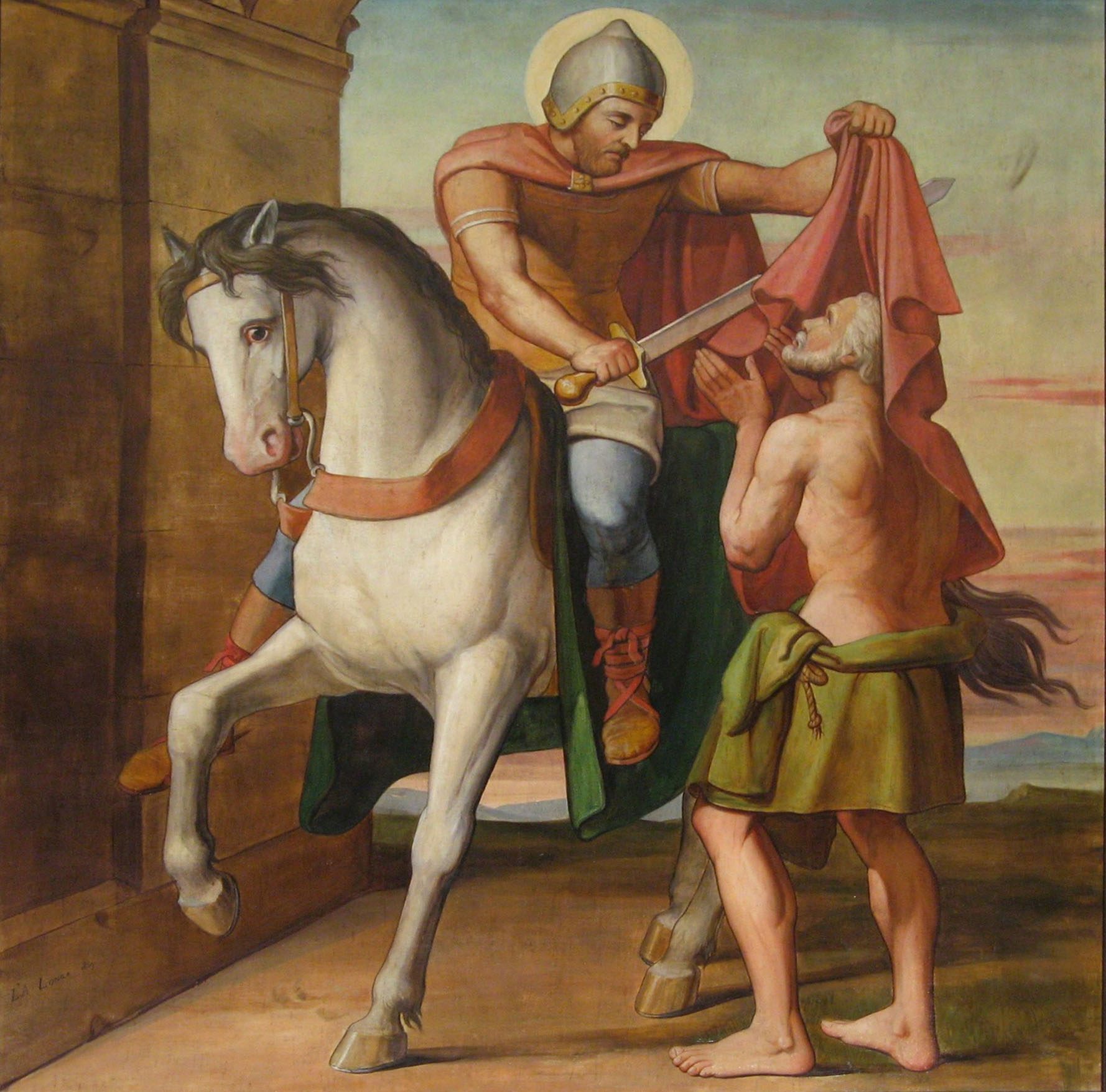 A painting: Martin, a young Roman soldier in a helmet and a red cloak, rides a white horse and cuts his cloak in two with his sword for a barefoot beggar in a loincloth, who reaches up to take it