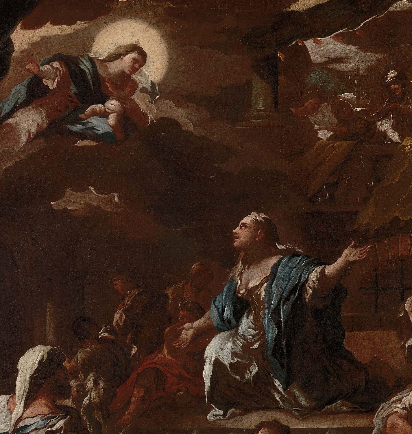 A dark oil painting: a young woman in a white dress and a blue mantle kneels on church steps among a crowd, looking up with one arm stretched out toward the Mother of God, who appears in the clouds with the Christ Child in a golden halo