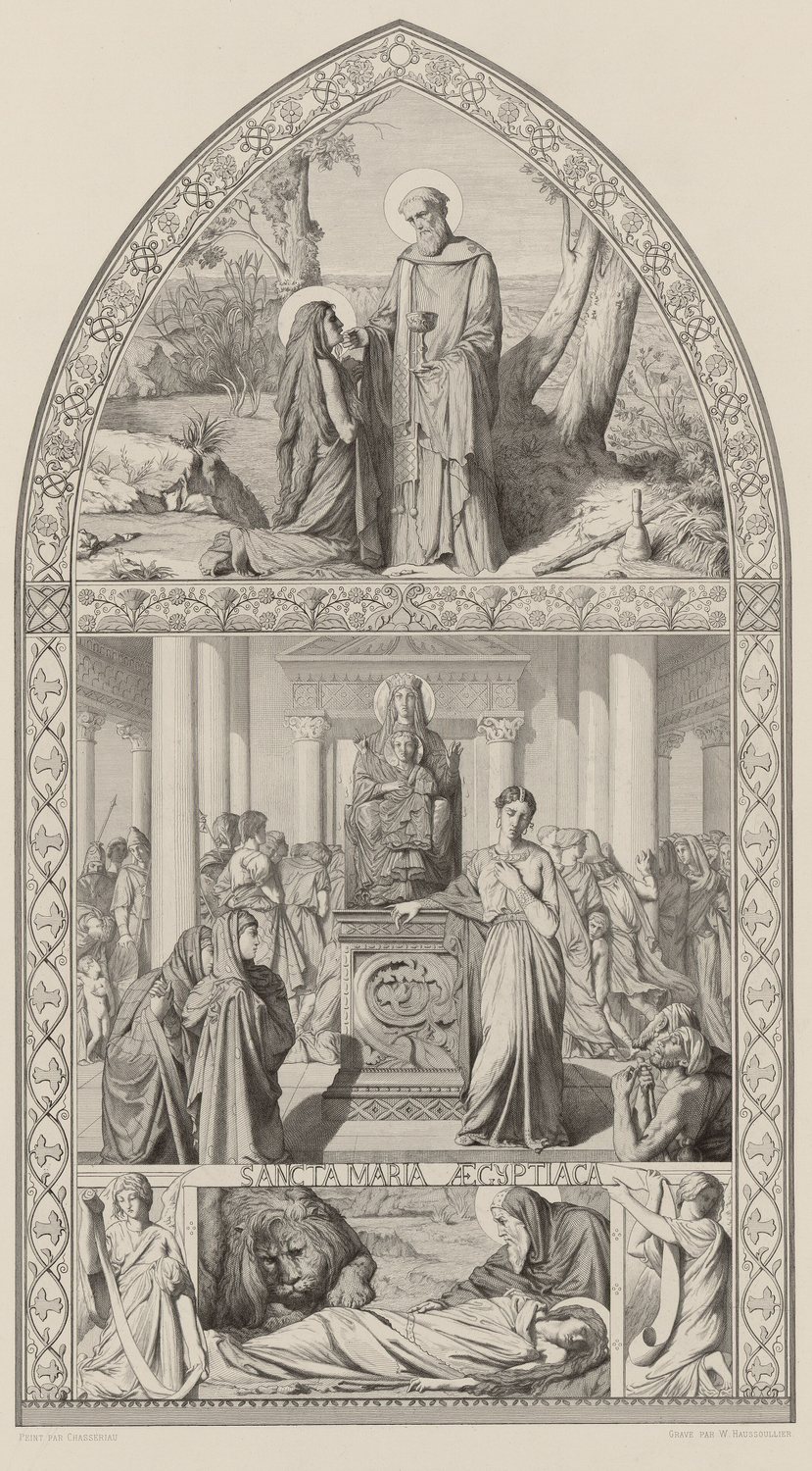 A black-and-white engraving shaped like a pointed church window, in three scenes: above, a haloed monk gives communion from a chalice to a kneeling woman with long hair; in the middle, a young woman in a long dress stands by a throne holding a statue of the Mother of God and Child, in a crowded colonnaded church; below, a lion lies beside the shrouded body of the woman as an old monk bends over her