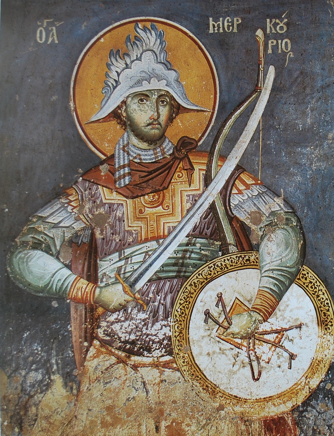 Fresco of Saint Mercurius in a white plumed helmet, holding a curved sword and a shield, with a bow over his shoulder