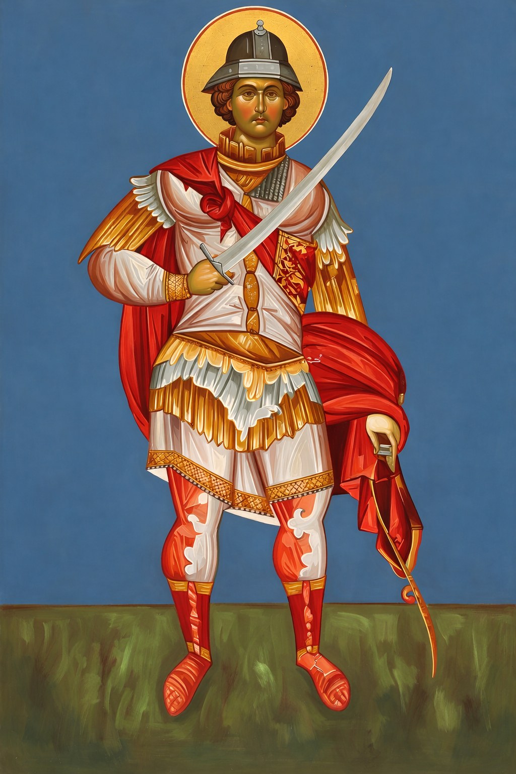 A modern icon of St Mercurius as a young soldier: a gold halo and an iron helmet, a red cloak over white and gold armour, a curved sword raised across his chest and a bow in his other hand, against a blue sky above green ground