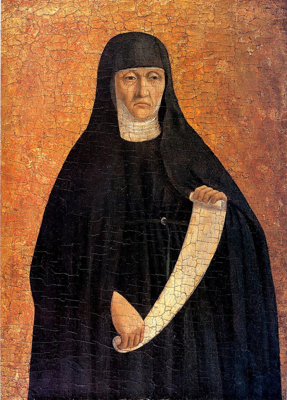 A small old panel: a woman with a grave, pale face in the black habit and white wimple of a nun stands against a cracked golden ground, holding a long scroll that falls from her hand