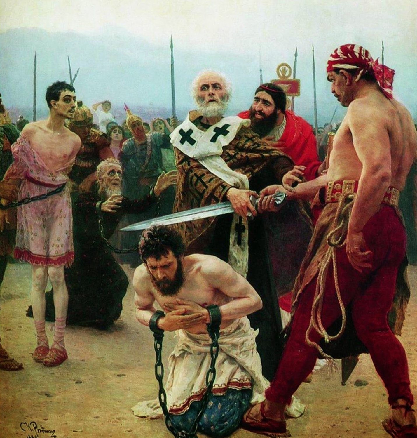 A large oil painting: a white-bearded bishop in a vestment with black crosses grips the blade of an executioner's raised sword, while a bound man kneels in chains at his feet, soldiers with spears stand behind, and a bare-chested executioner in red turns toward him