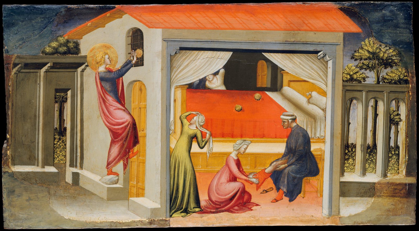 A small gold-toned Italian panel: Nicholas, haloed, climbs onto a ledge outside a house and reaches up to toss a gold ball through a high window. Inside, three gold balls lie on a red bed, and the poor father sits with his daughters
