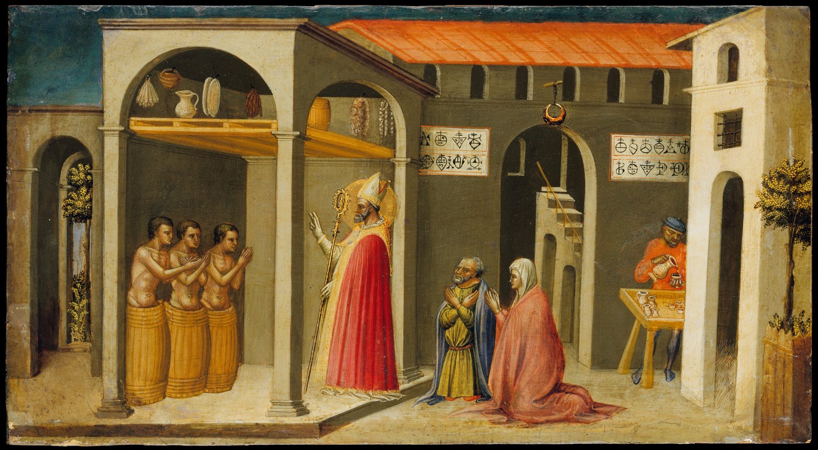 A small gold-toned Italian panel: Nicholas, in a red cope and white mitre, raises his hand toward three naked boys standing up out of wooden tubs in a shop's back room, while the kneeling innkeeper and his wife beg forgiveness and a butcher works at a table outside