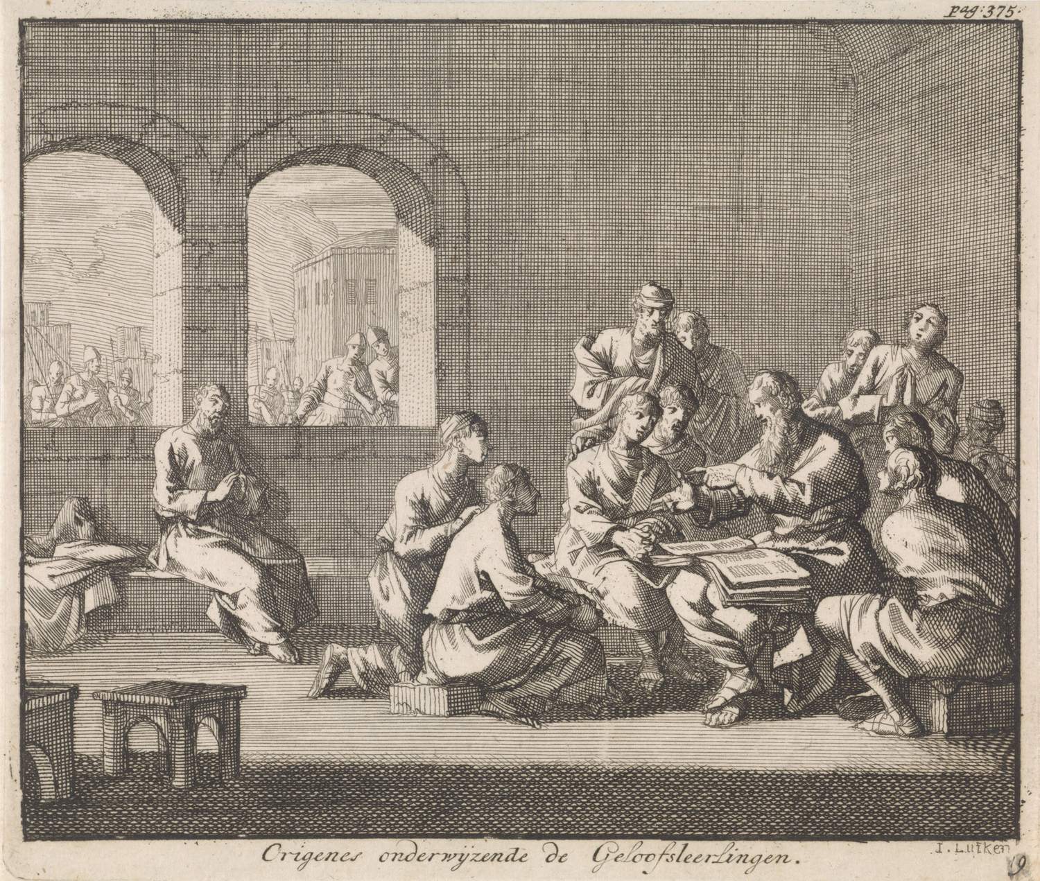 An etching: the bearded Origen sits at a table with a large open book, pointing as he teaches a crowd of young students, while soldiers gather in the street outside the arched windows