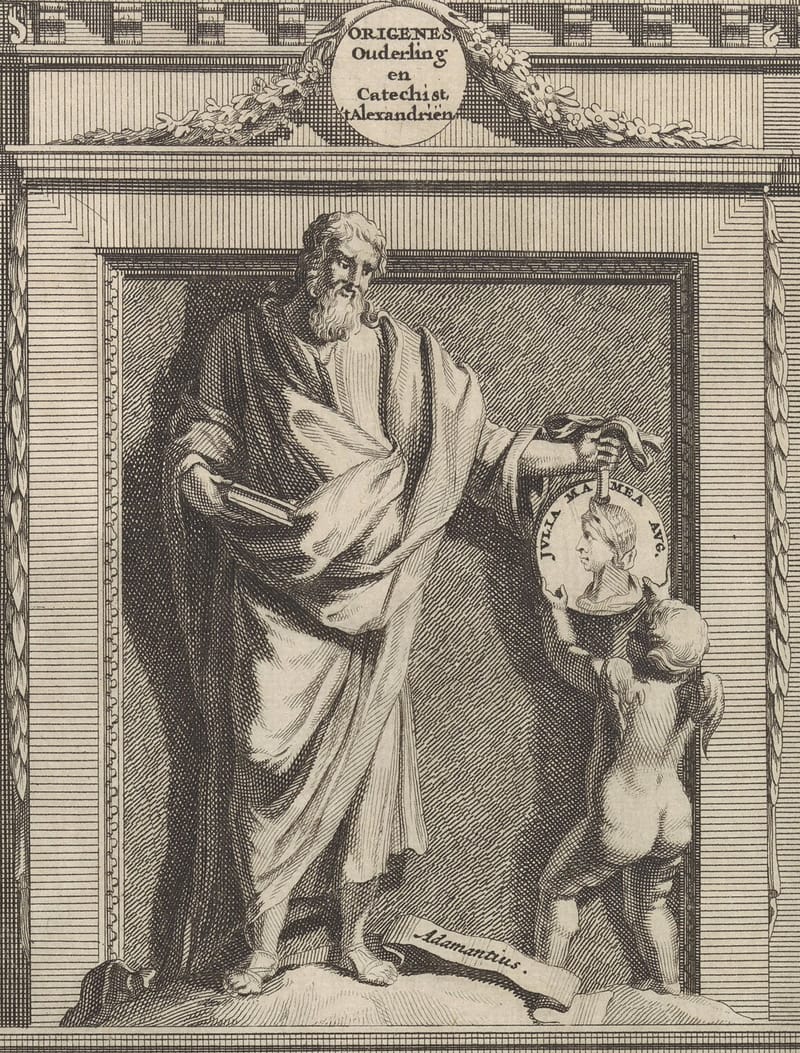 An engraving: Origen, bearded and robed, stands like a statue in a niche with a book under his arm. He holds out a portrait medallion lettered with the name of Julia Mammaea to a small angel. A scroll at his feet reads Adamantius, and a round plaque above names him in Dutch.