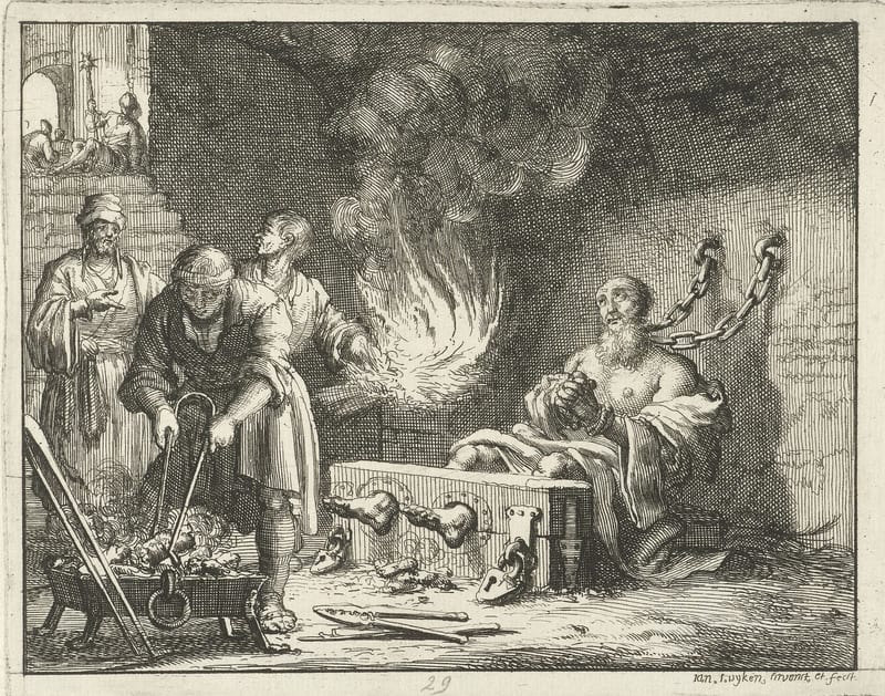 An etching: in a dark prison, the old, bearded Origen sits bare-chested and praying, a chain running from his neck to the wall and his feet locked in the stocks, while men stoke a brazier and a fire blazes beside him