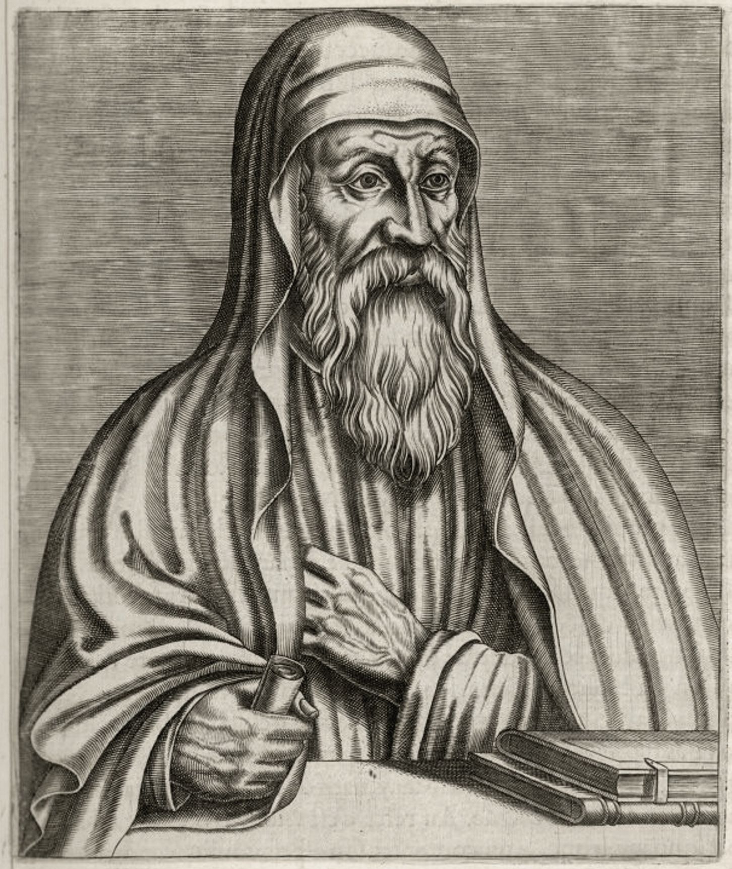 An engraved portrait of Origen as an old man with a long beard and a hood, one hand on his chest, holding a scroll, with books on the table beside him