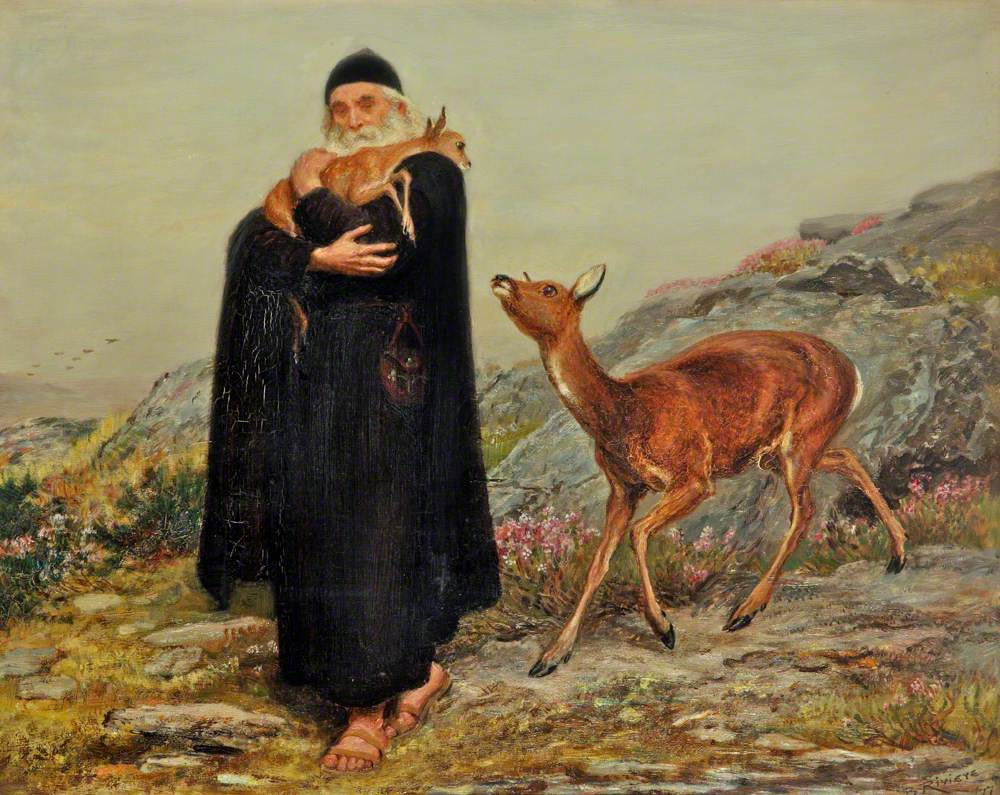 A painting: an old monk in a black hooded habit, with a white beard, carries a small fawn in his arms across a heathery hillside, while a red deer doe walks beside him looking up at it