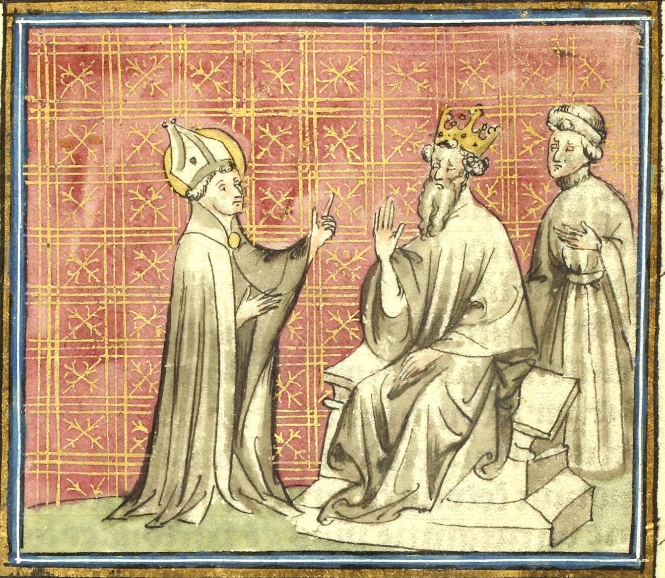 A medieval manuscript painting on a rose and gold patterned ground: Saint Patrick, in a white mitre and pale robe, raises a finger as he speaks to a crowned, bearded king seated on a throne, with a courtier standing behind