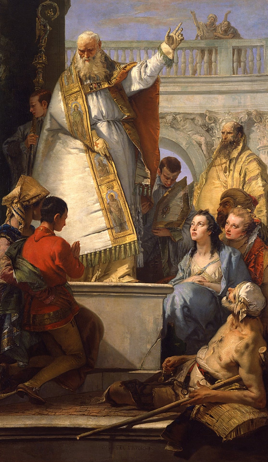 An 18th-century altarpiece: Saint Patrick, an old bishop with a long white beard in a gold-embroidered cope, stands on a marble step with his right hand raised to the sky, while below him a pale, half-dressed sick man sits up and a young woman and a crowd look on