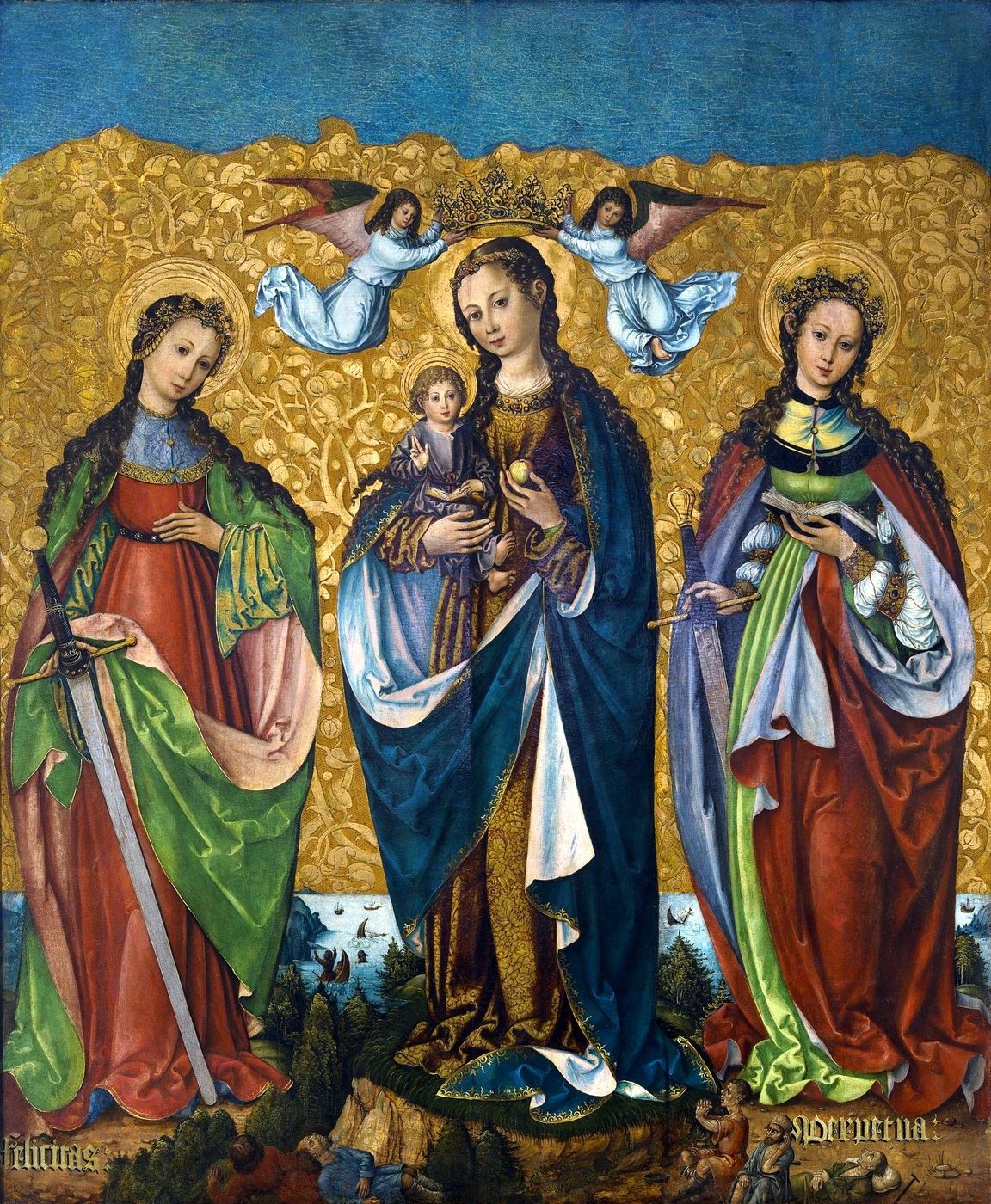 A painting on a gold ground: Mary, crowned by two angels and holding the Christ Child, stands between two young women saints with long hair and crowns. On the left, Felicity in green and red holds a sword; on the right, Perpetua holds an open book and a sword. Their names are written at their feet, beside small figures who sit, pray and lie on the ground, with water and ships behind.