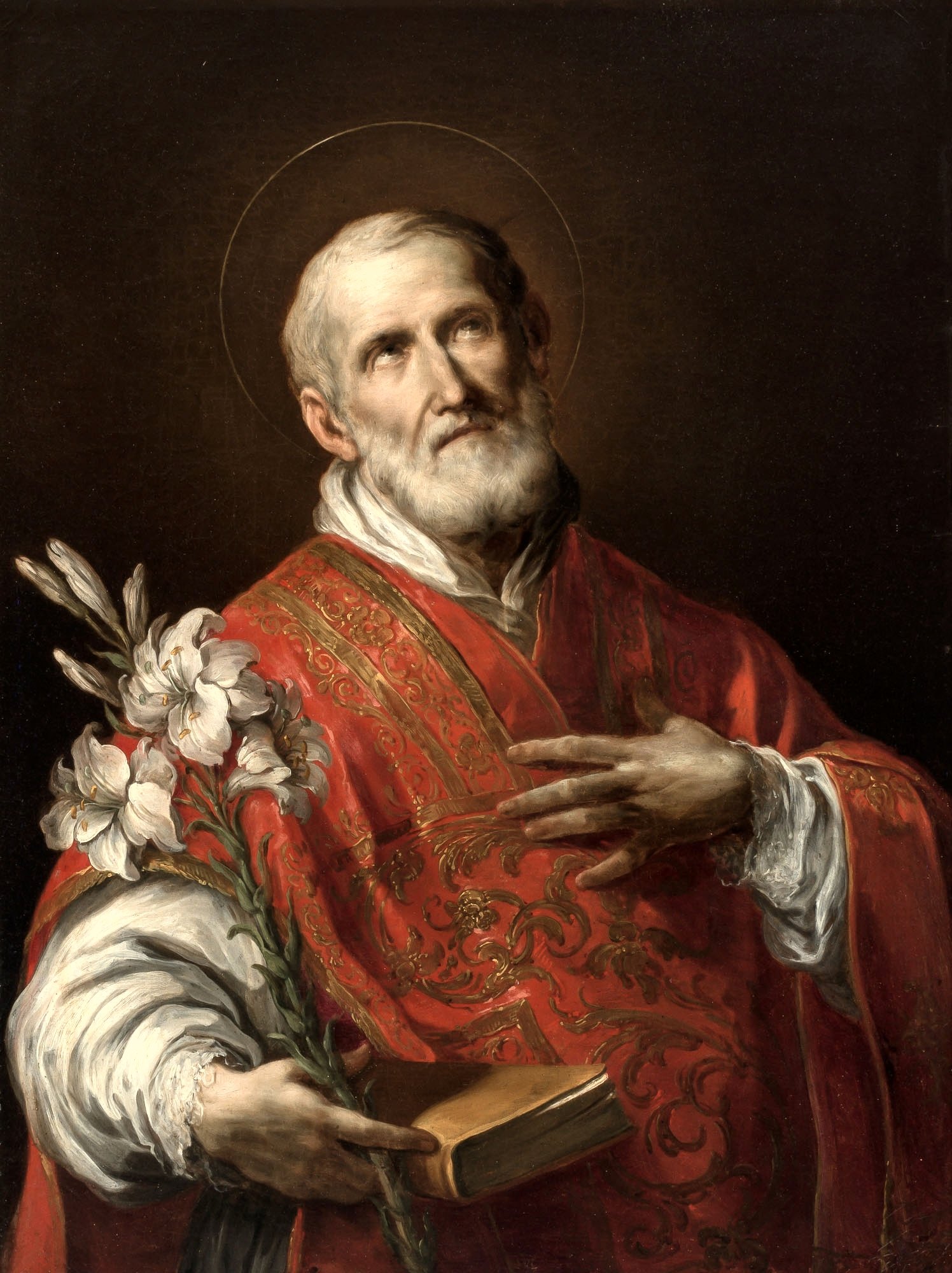 Philip Neri, white-bearded, in red Mass vestments, holding lilies and a book, with his hand on his heart