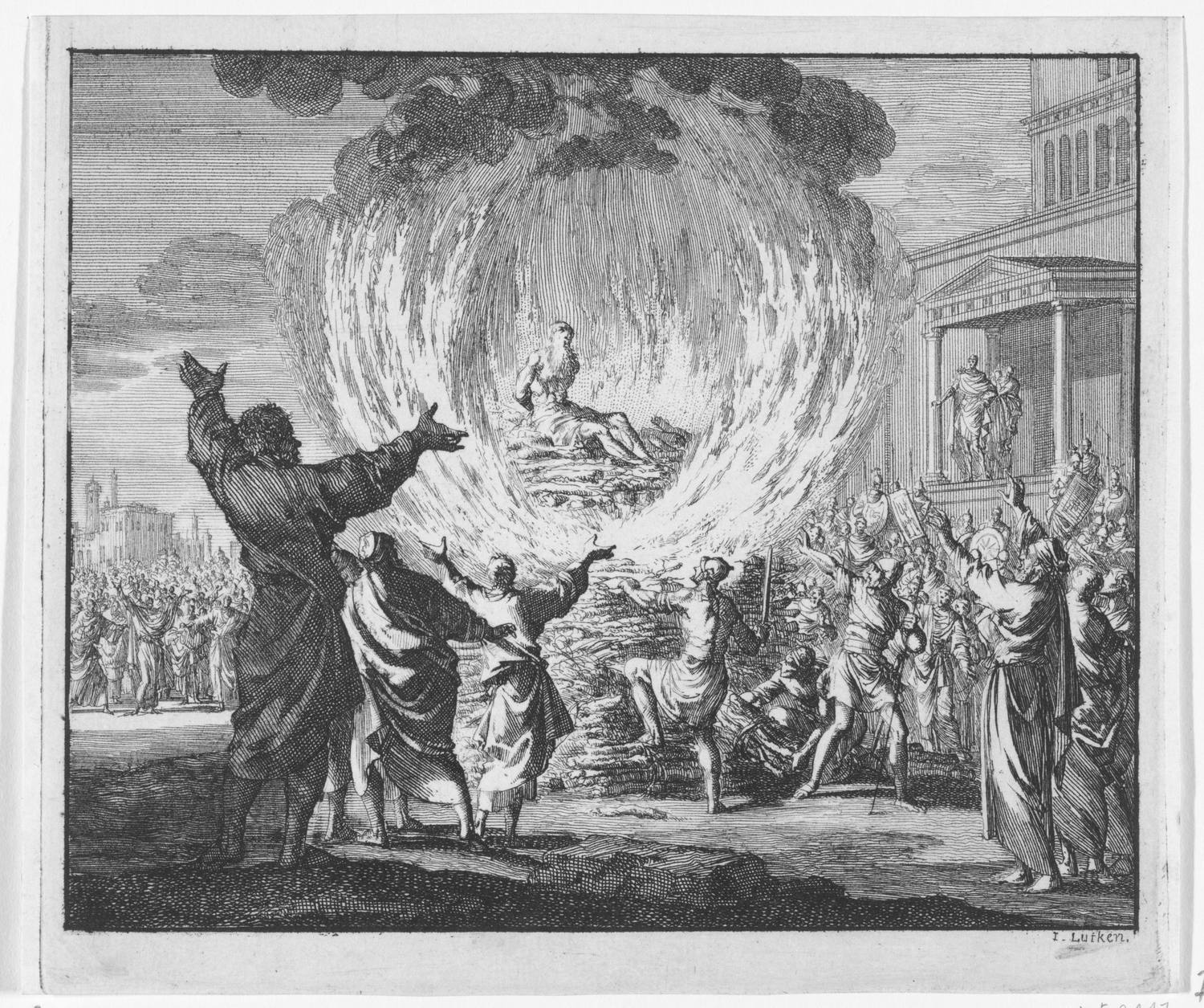 An etching: a great ring of flame billows up round Polycarp, who sits unharmed on the pyre inside it, while a crowd, soldiers and a magistrate on a temple porch look on and a man in the foreground throws up his arms in wonder