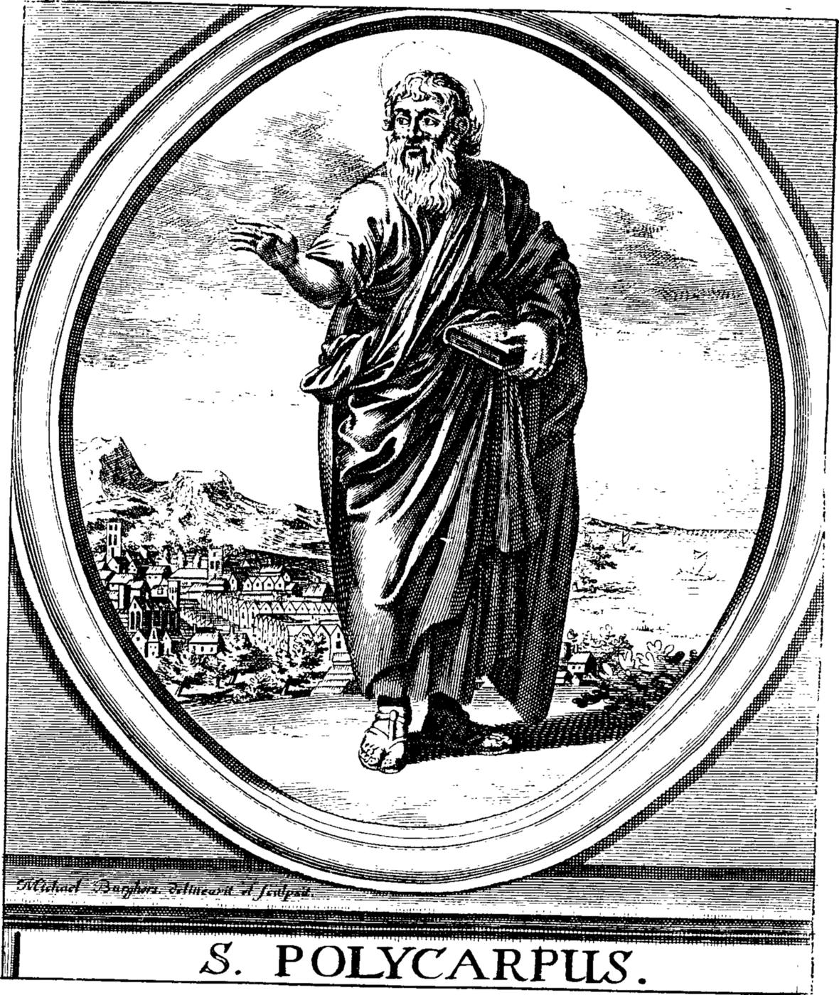 An engraving in an oval frame: Polycarp stands full length in a long cloak, bearded, holding a book and raising one hand, with a walled harbour town and hills behind him, lettered S. POLYCARPUS below