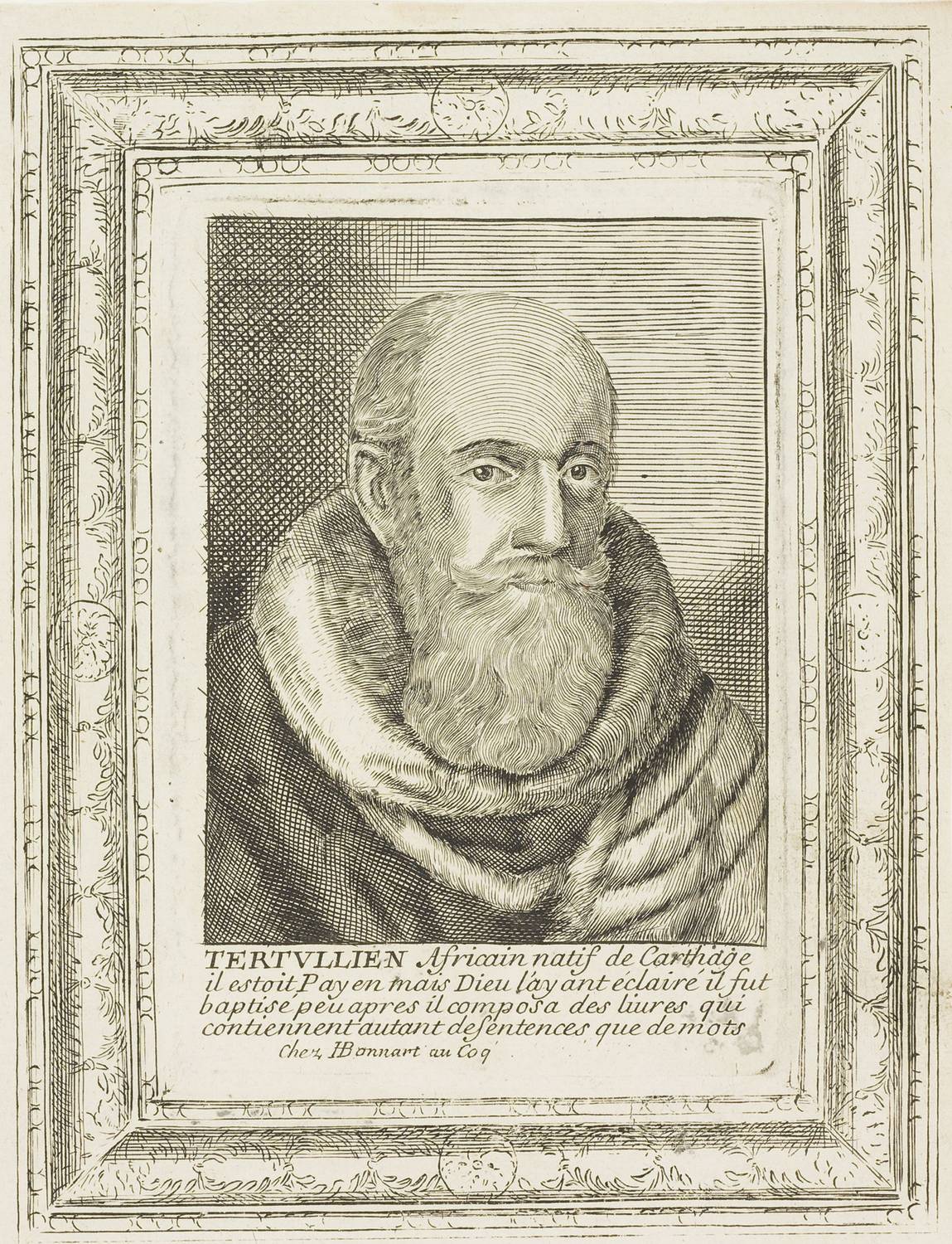 A French engraving of Tertullian as an old man with a long white beard and a fur-collared cloak, inside an ornate frame, with a French caption below