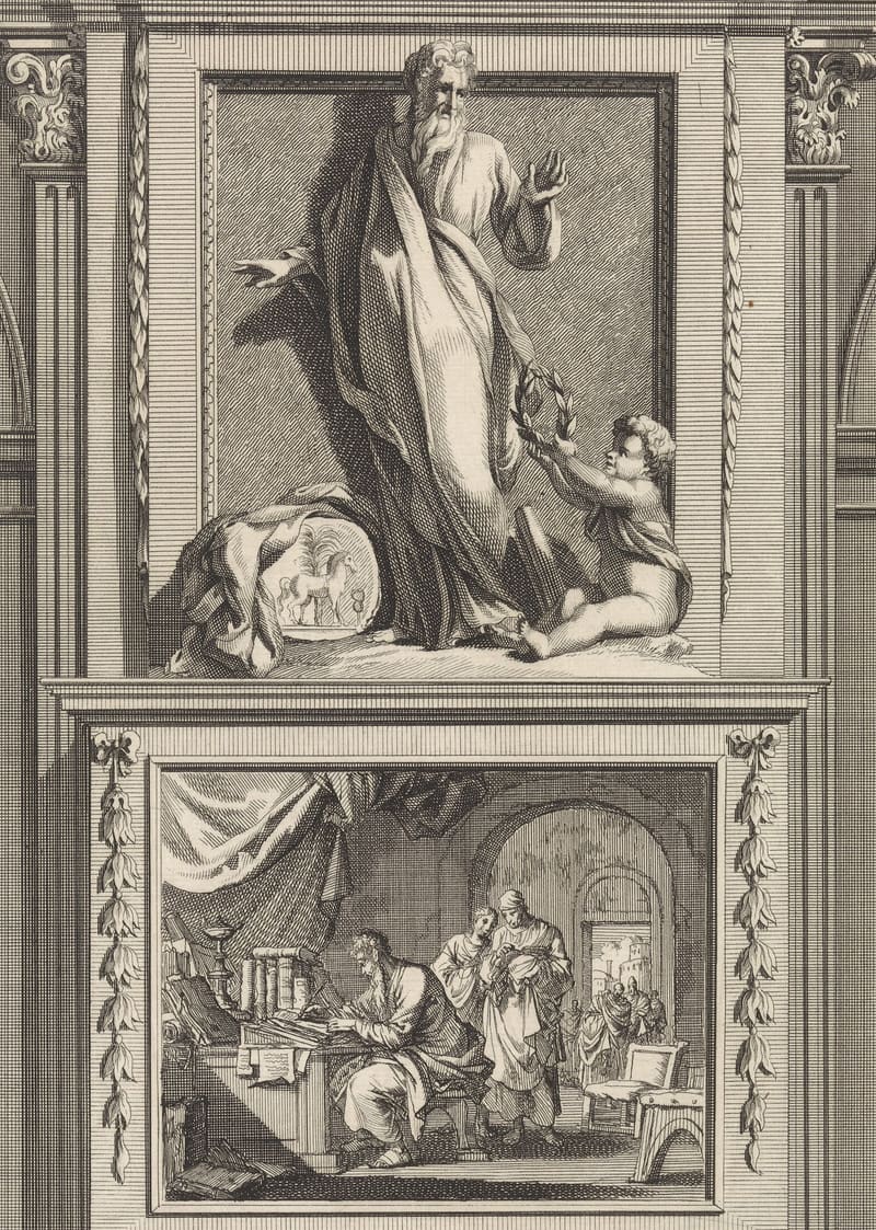 An engraving: Tertullian, old and bearded, stands like a statue in a niche while a child angel holds up a laurel wreath to him. Below, he sits writing at a desk piled with books, as two visitors come in.