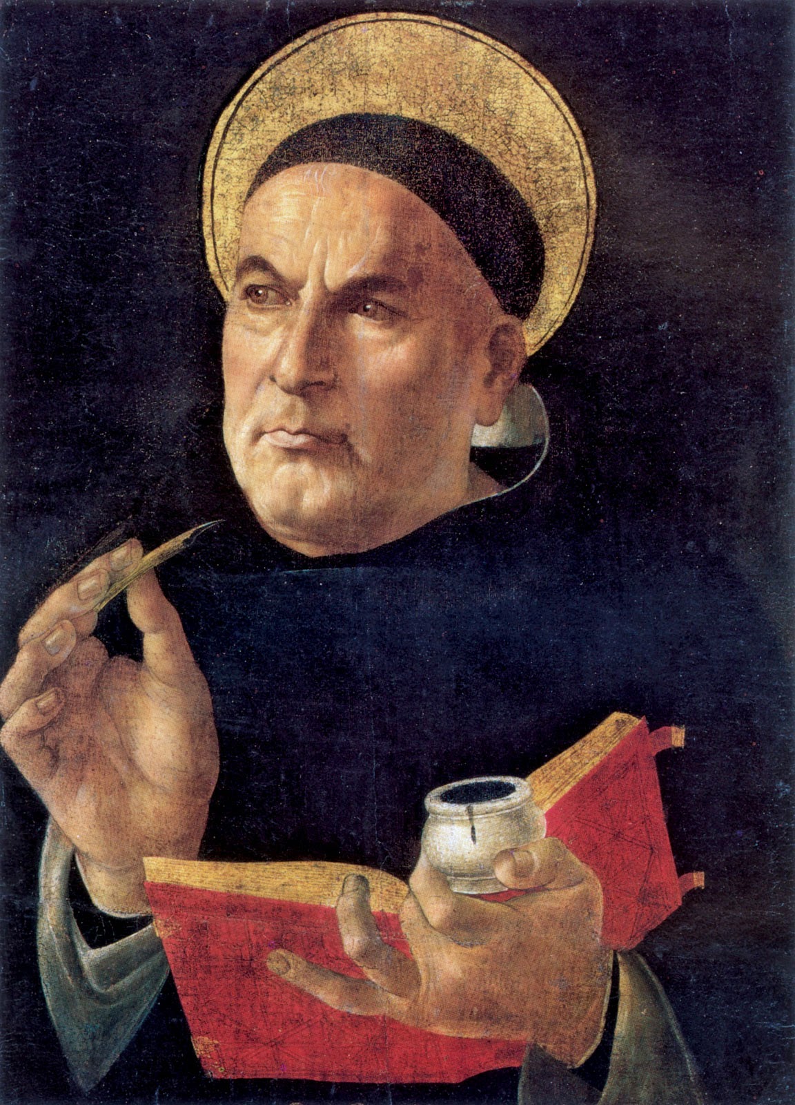 A painting on a dark ground: Thomas Aquinas, broad-faced and bald under a black cap, with a gold halo. He looks out calmly to the left, holding a quill in one hand and a red book and an inkpot in the other.