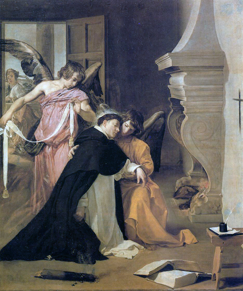 A painting: the young Thomas, in a black and white habit, sinks into the arms of a kneeling angel while a second angel brings a long white cord. Behind them a woman slips out of an open door. A charred stick lies on the floor near books and an inkpot.