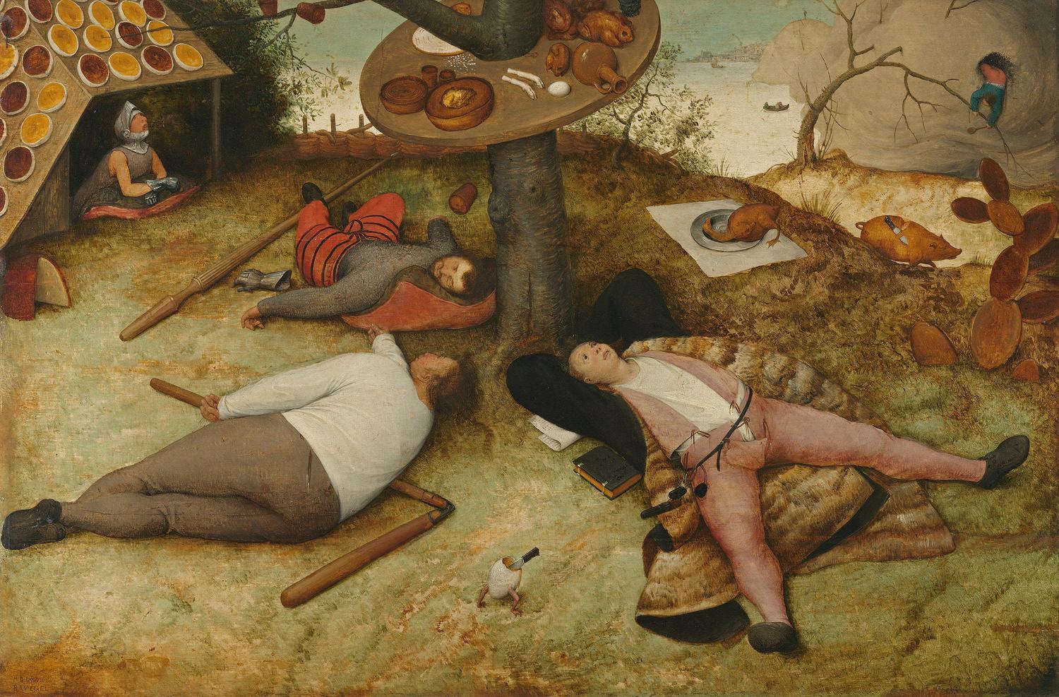 Pieter Bruegel the Elder’s painting of a soldier, a farmer and a scholar lying asleep and overfed beneath a tree hung with a table of food