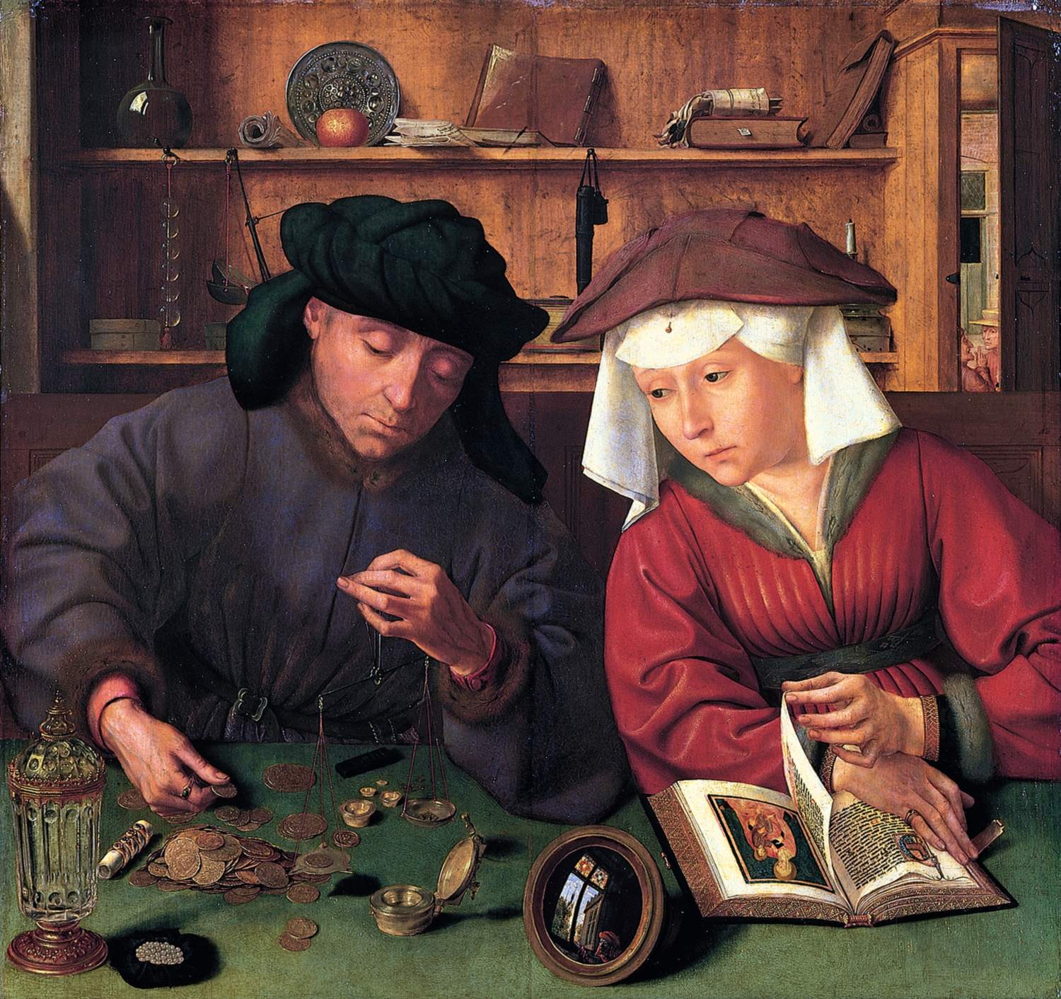 Quentin Matsys’s painting of a moneylender weighing coins while his wife, a prayer book open in her hands, watches the money