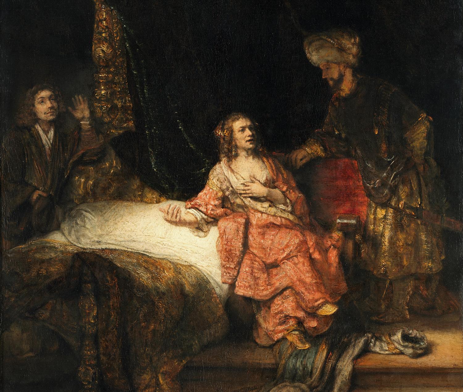 Rembrandt’s painting of Potiphar’s wife on her bed, holding out Joseph’s cloak to her husband as Joseph stands to one side