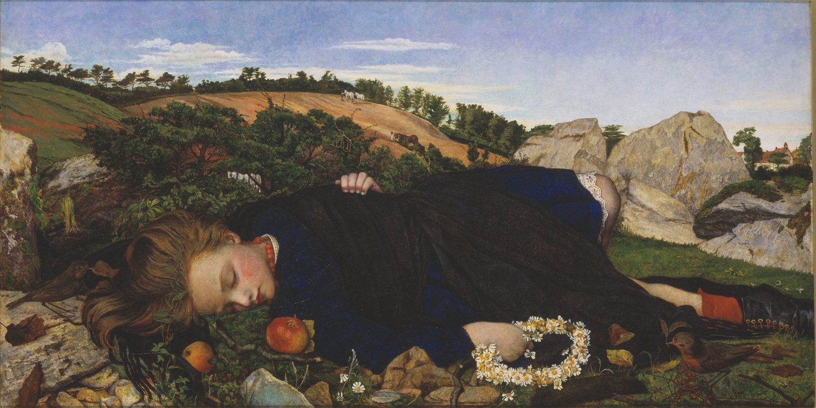 John Roddam Spencer Stanhope’s painting of a girl asleep on a hillside among her things while, far behind her, men plough the field
