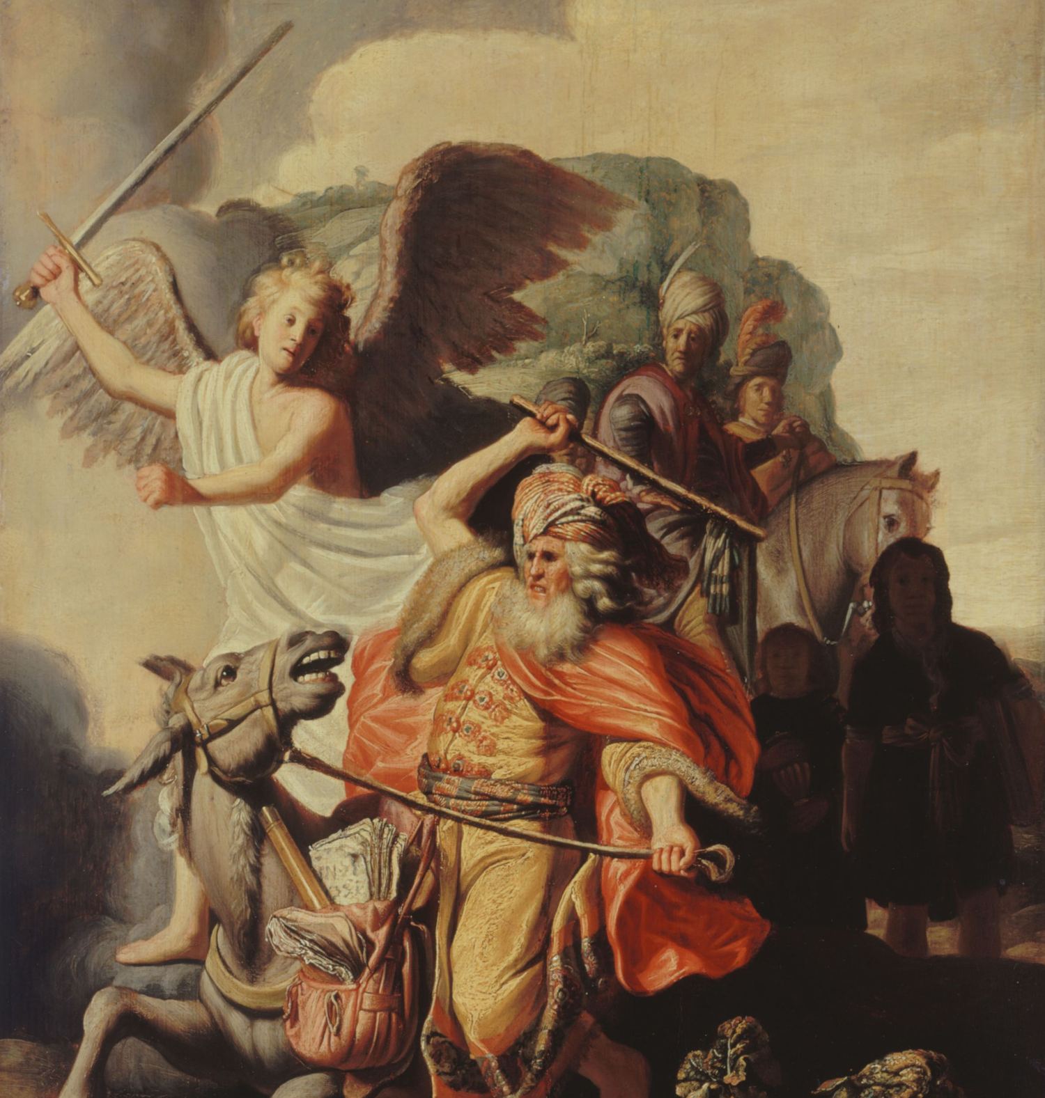 Rembrandt’s painting of Balaam raising his stick over his fallen donkey while an angel with a sword appears above them