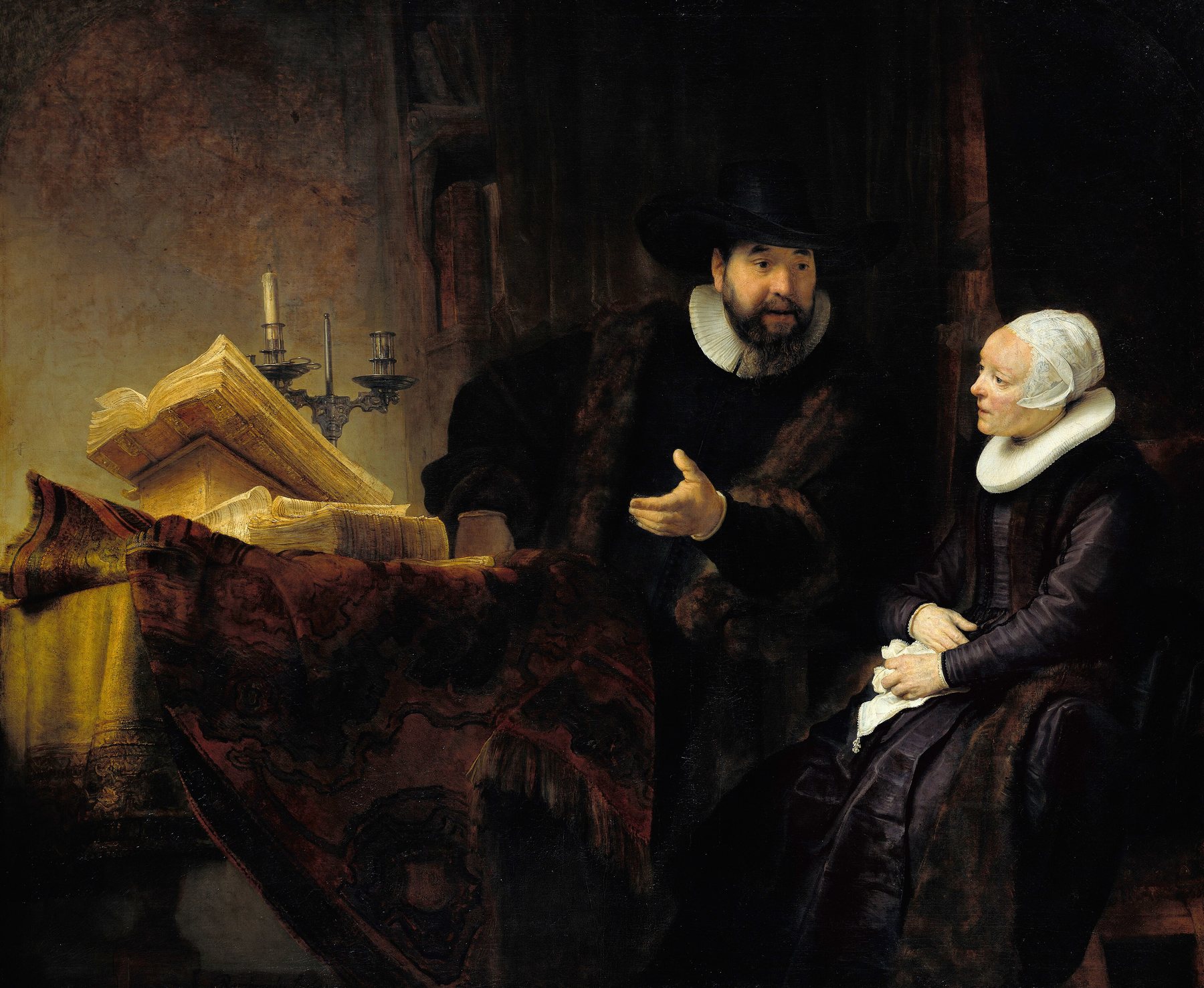 Rembrandt’s painting of the Mennonite preacher Cornelis Anslo gesturing toward the open books on his table as he speaks with his wife Aeltje