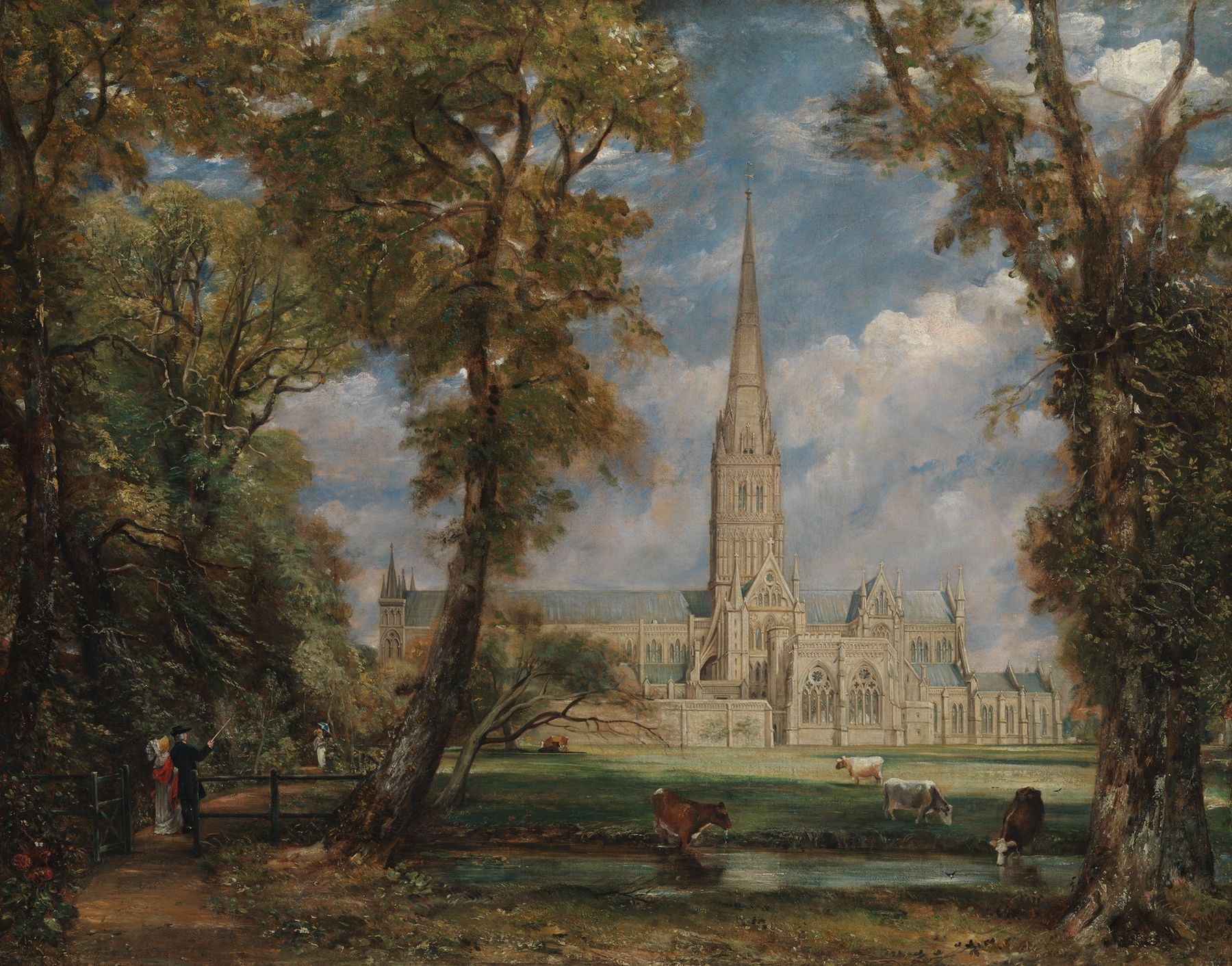 John Constable’s painting of Salisbury Cathedral’s spire rising above the trees and meadow of the Bishop’s Grounds, with cattle grazing by the water