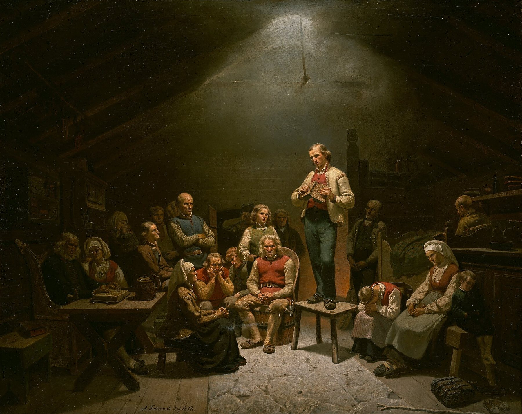 Adolph Tidemand’s painting of a lay preacher standing to read and preach to a household gathered in a Norwegian farmhouse loft