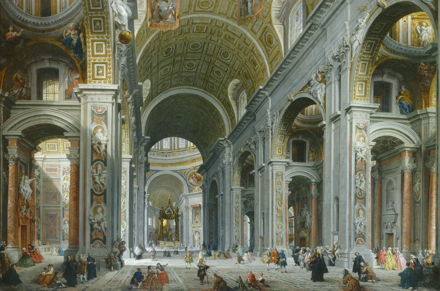 Giovanni Paolo Panini’s painting of the vast nave of Saint Peter’s in Rome, its gilded vault and marble arches rising over pilgrims walking toward the high altar